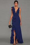 Black Sheath V-Neck Ruffled Long Formal Dress with Slit