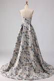 Blue Flower Jacquard Strapless A Line Long Formal Dress with Slit