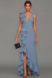 Black Sheath V-Neck Ruffled Long Formal Dress with Slit
