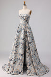 Blue Flower Jacquard Strapless A Line Long Formal Dress with Slit