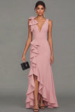 Black Sheath V-Neck Ruffled Long Formal Dress with Slit