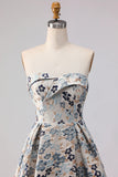 Blue Flower Jacquard Strapless A Line Long Formal Dress with Slit