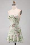 Strapless Sage Green Bodycon Embroidered Short Formal Dress with Ruffles