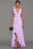 Black Sheath V-Neck Ruffled Long Formal Dress with Slit