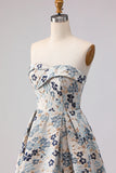 Blue Flower Jacquard Strapless A Line Long Formal Dress with Slit