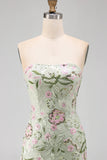 Strapless Sage Green Bodycon Embroidered Short Formal Dress with Ruffles