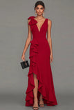Black Sheath V-Neck Ruffled Long Formal Dress with Slit