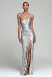 Sparkly Silver Strapless Sheath Long Formal Dress With Slit