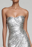 Sparkly Silver Strapless Sheath Long Formal Dress With Slit