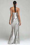Sparkly Silver Strapless Sheath Long Formal Dress With Slit
