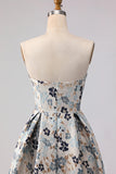 Blue Flower Jacquard Strapless A Line Long Formal Dress with Slit