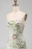 Strapless Sage Green Bodycon Embroidered Short Formal Dress with Ruffles