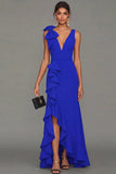 Black Sheath V-Neck Ruffled Long Formal Dress with Slit