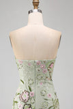 Strapless Sage Green Bodycon Embroidered Short Formal Dress with Ruffles