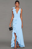 Black Sheath V-Neck Ruffled Long Formal Dress with Slit