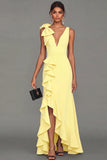 Black Sheath V-Neck Ruffled Long Formal Dress with Slit