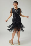 Black Golden Beaded Tiered Fringed 1920s Dress with Sleeves
