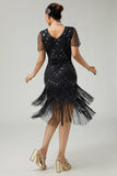 Black Golden Beaded Tiered Fringed 1920s Dress with Sleeves