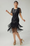 Black Golden Beaded Tiered Fringed 1920s Dress with Sleeves