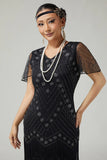 Black Golden Beaded Tiered Fringed 1920s Dress with Sleeves