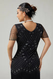 Black Golden Beaded Tiered Fringed 1920s Dress with Sleeves