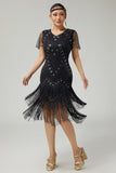 Black Golden Beaded Tiered Fringed 1920s Dress with Sleeves
