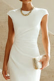White Mermaid Crew Neck Cap Sleeves Midi Formal Dress