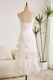 White Sheath Spaghetti Straps Long Engagement Party Dress with Flowers