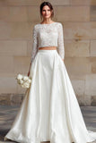 Ivory 2 Piece A Line Bateau Neck Wedding Dress with Lace