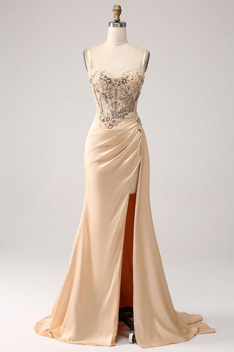Elegant Champagne Mermaid Pleated Satin Formal Dress With Appliques