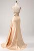Load image into Gallery viewer, Elegant Champagne Mermaid Pleated Satin Formal Dress With Appliques