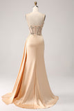 Elegant Champagne Mermaid Pleated Satin Formal Dress With Appliques