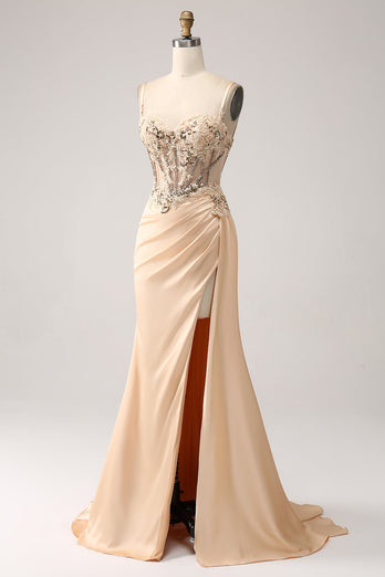 Elegant Champagne Mermaid Pleated Satin Formal Dress With Appliques