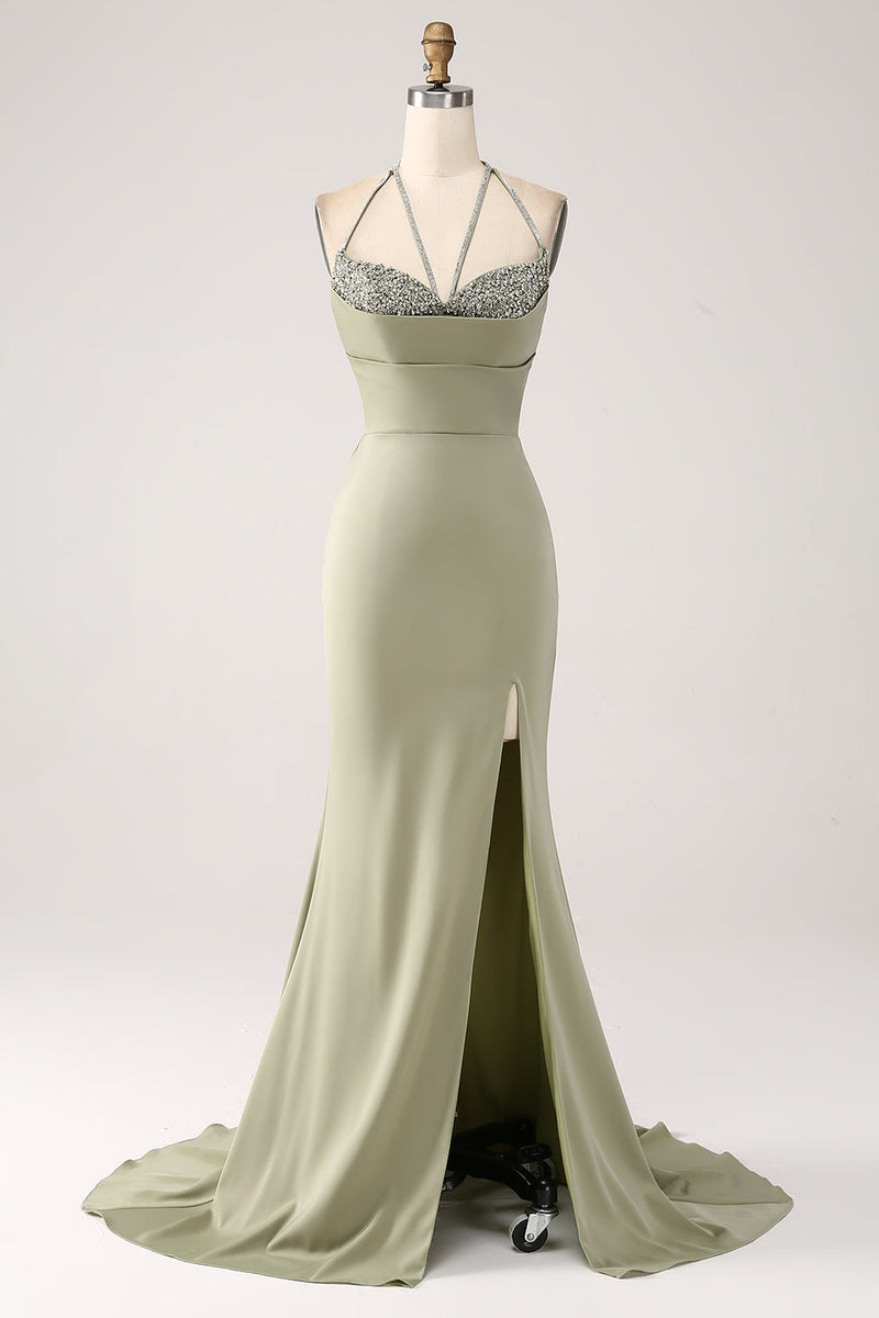 Load image into Gallery viewer, Sheath Pistachio V-Neck Beaded Long Formal Dress With Slit