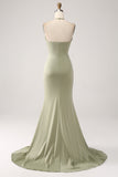 Sheath Pistachio V-Neck Beaded Long Formal Dress With Slit