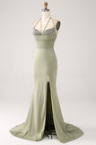 Sheath Pistachio V-Neck Beaded Long Formal Dress With Slit