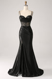 Mermaid Sweetheart Black Satin Long Formal Dress With Beading