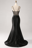 Mermaid Sweetheart Black Satin Long Formal Dress With Beading