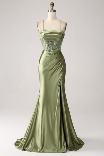 Army Green Mermaid Cowl Neckline Sequin Long Formal Dress With Slit