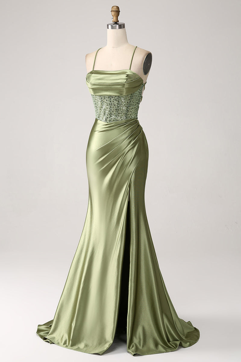 Load image into Gallery viewer, Army Green Mermaid Cowl Neckline Sequin Long Formal Dress With Slit