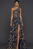 Floral Mauve One Shoulder A Line Long Formal Dress with Slit