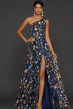 Floral Mauve One Shoulder A Line Long Formal Dress with Slit