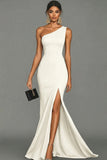 Black Satin Mermaid One Shoulder Long Formal Dress with Slit