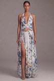 Halter Black Floral Printed A Line Wedding Guest Dress with Slit