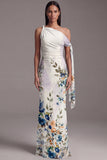 One Shoulder Black Mermaid Printed Ruched Floral Long Wedding Guest Dress