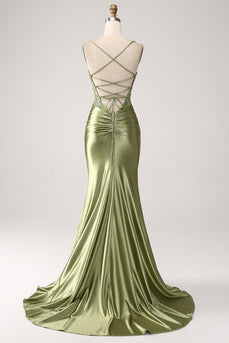 Mermaid Sage Spaghetti Straps Lace-Up Back Formal Dress With Slit
