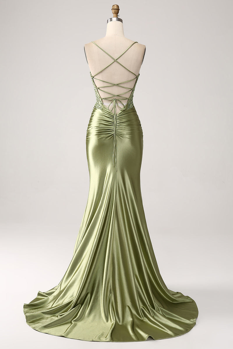 Load image into Gallery viewer, Mermaid Sage Spaghetti Straps Lace-Up Back Formal Dress With Slit