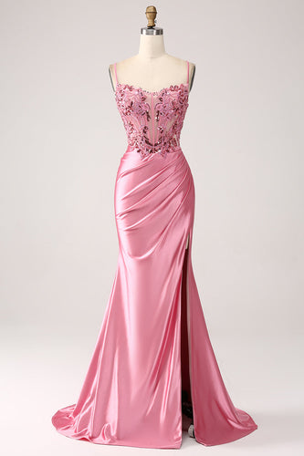 Pink Mermaid Spaghetti Straps Sequin Corset Formal Dress with Slit