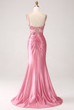 Pink Mermaid Spaghetti Straps Sequin Corset Formal Dress with Slit