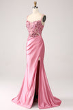 Pink Mermaid Spaghetti Straps Sequin Corset Formal Dress with Slit